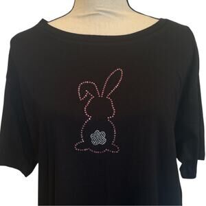 Rhinestone Pink Easter Bunny T-Shirt Short Sleeve Black Tee NEW Sparkly!